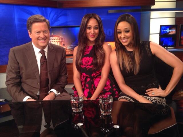 Tamera and Tia chatting with KTLA anchor Sam Rubin about "Let's Bubble" initiative. Photo Credit: Tamera Mowry's Twitter page