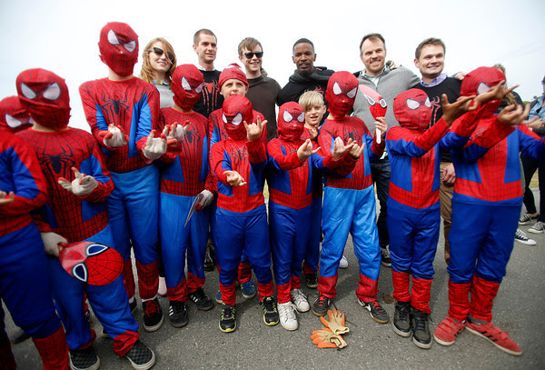 Emma Stone, Andrew Garfield, Jamie Foxx and rest of "Amazing Spiderman" cast with lil spideys at the park.  Image Courtesy: Mercury News Photos