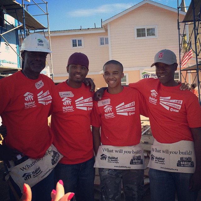 l to r Glynn Turman, Larenz Tate, Donis Jr. and Don Cheadle at the Habitat for L.A. build a house volunteer project. Image Courtesy: Instagram
