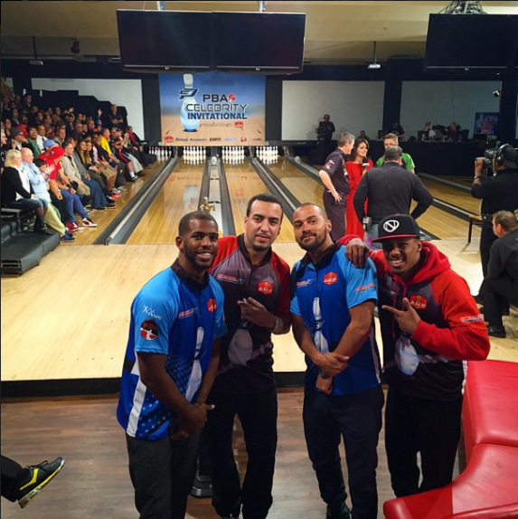 (l to r) Chris Paul, French Montana, Jesse Williams and Nick Cannon at CP3 Foundation 6th Annual Celebrity Bowling Tournament.